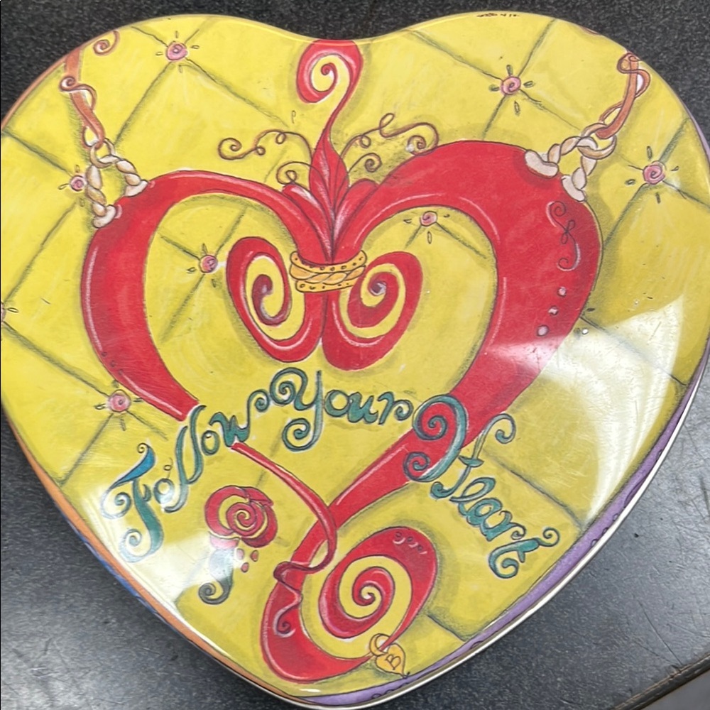 Heart-Shaped Decorative Tin with Red and Yellow Design